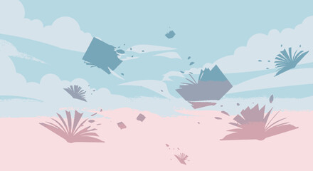 Surreal illustration of many books flying and floating in the air.