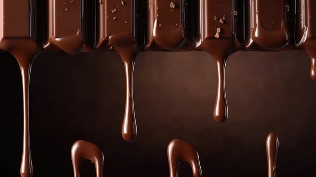 Melted chocolate bar with glossy, dripping streams against a brown gradient background