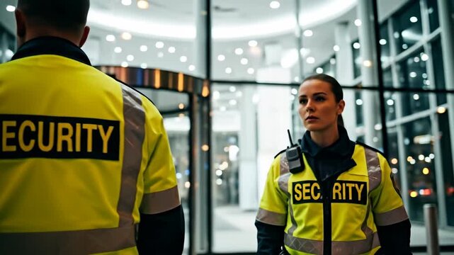 Two security personnel in bright uniforms at a modern building entrance.