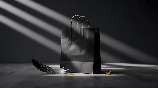 Elegant black paper shopping bag with feather minimalist dark background