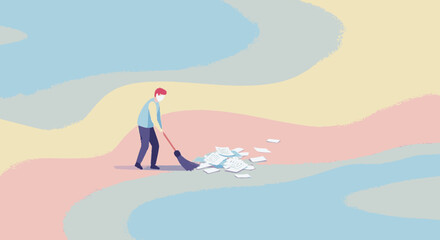 Vector illustration of a person sweeping up a pile of papers.
