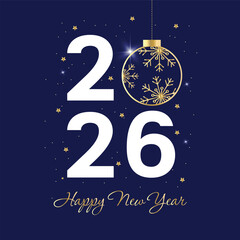 2026 happy new year square banner. White number with golden ball with golden snowflakes on the blue background. Ney Year greeting template for social media and typography. Holidays concept
