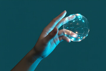 Hand holding glowing network sphere representing global technology