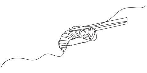 Sushi set, Philadelphia roll, maki, Sushi roll with chopsticks in hand one line art. Continuous line drawing of sushi, japanese, food, roll, culture, tasty, restaurant, japan, asian, sea, menu © Vector Man