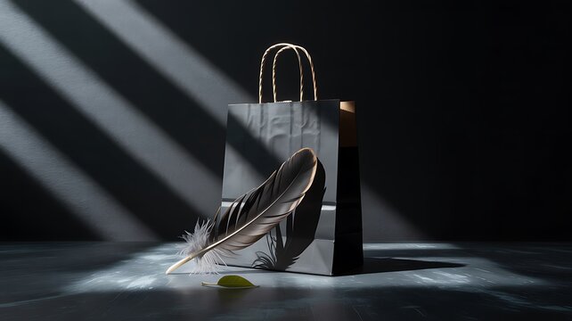 Elegant Shopping Bag with Feather on Dark Surface Abstract Still Life