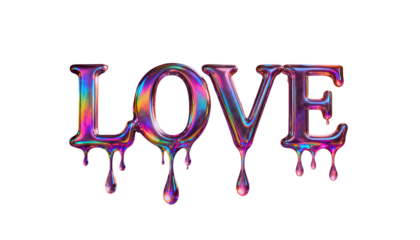 Colorful dripping love sign with a shiny metallic finish on a white background