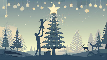 Heartwarming winter scene of family decorating Christmas tree in snowy woods, gifts, starlight, perfect for holiday cards and festive projects this season