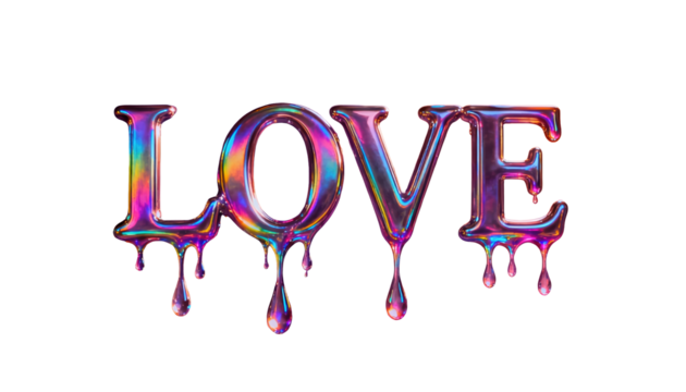 Colorful dripping love sign with a shiny metallic finish on a white background