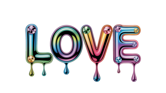 Colorful love word art with shiny details and playful design for celebration or decoration