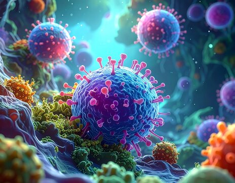 Microscopic view of spherical structures with projections in vibrant colors