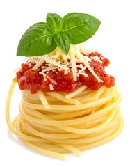 Delicious Spaghetti with Tomato Sauce, Cheese, and Basil Topping.