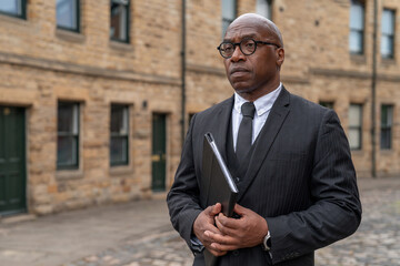 Business professional standing confidently outside a stone building in an urban setting