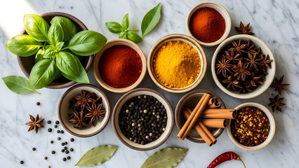 variety of colorful spices and herbs in bowls on white background