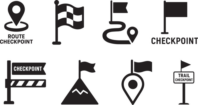 Bold silhouette checkpoint icons set featuring markers, flags, and location symbols.