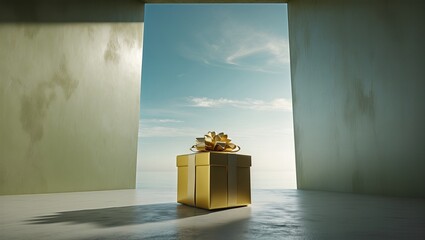 A golden gift box placed in an open room with a clear sky beyond, symbolizing opportunities