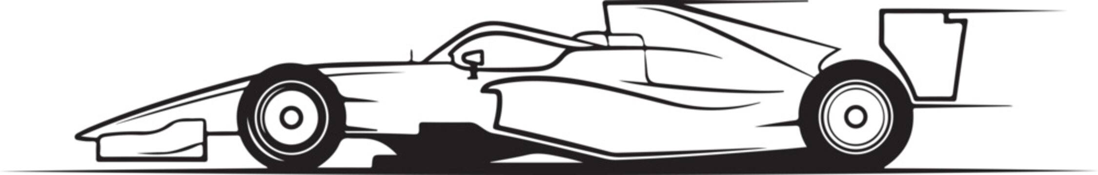 Outline of a formula 1 race car in motion, side view, black on white
