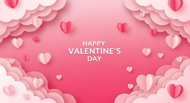 Happy valentines day paper cut hearts and clouds on pink gradient
