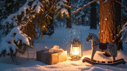 Christmas gift with wooden horse and lantern left by Santa under pine tree in night forest