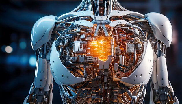 Stunning close-up of a futuristic robot's torso, revealing intricate internal mechanics and glowing core. Ideal for tech, AI, science fiction, and engineering projects. - Powered by Adobe