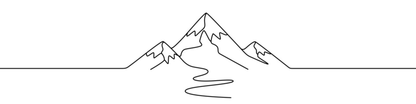 Outline of a mountain range with a river winding through it, drawn with one continuous line. Symbol of nature, travel, adventure, climbing, and grandeur. Vector illustration.