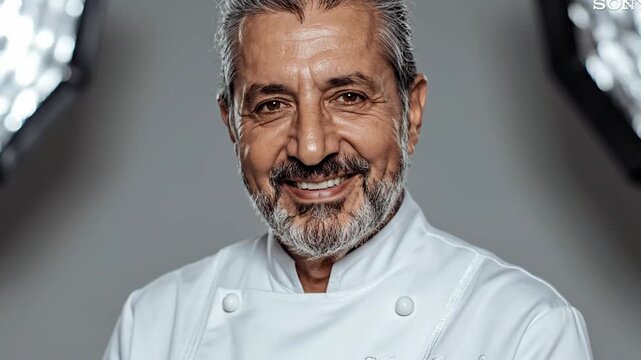 Professional male chef with a beard smiling confidently in a studio setting portrait of a mature culinary expert with a friendly expression