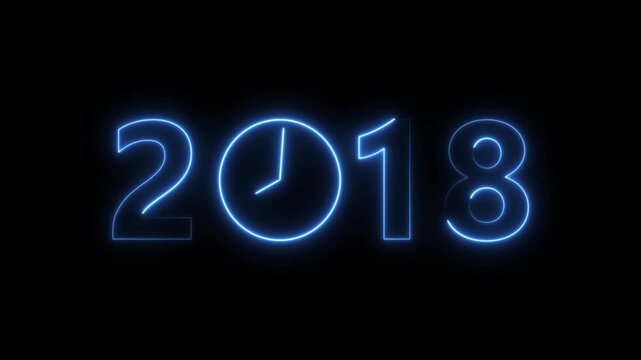2018 digital text celebration and Calendar neon bright royal blue color animation. Clock icon timer concept on black background.