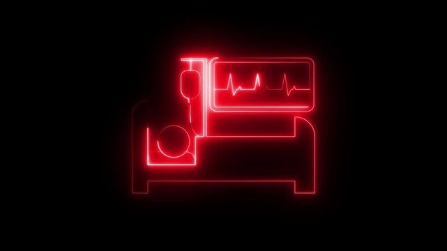 Applying saline to patient and checking heart rate on hospital bed neon animation on black background, medical treatment and monitoring icon, healthcare illustration for clinics and hospitals