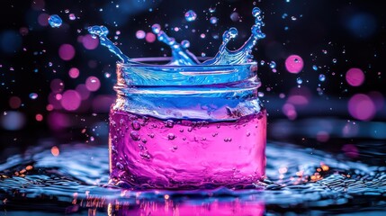 Dynamic splash in jar of pink liquid, blue water, bokeh lights