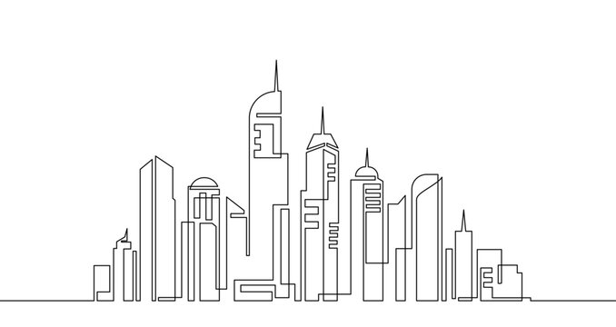 City skyline drawn with a continuous line. One line drawing of skyscrapers for architecture, construction, and real estate concept. Vector illustration.