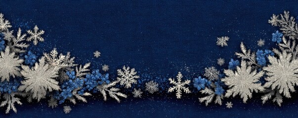 Blue background with white snowflakes framing edges and blue flowers for a festive winter scene