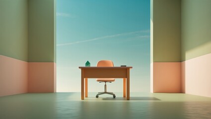Minimalistic office space featuring a wooden desk with an orange chair under a blue sky