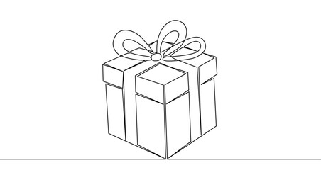 Gift box drawing in one line art style. Schematic illustration of a present with editable stroke on a white background. Vector illustration.