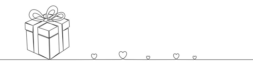 Gift box with a bow and a group of hearts in continuous line style. One line drawing for love and present concept. Vector illustration with editable stroke.