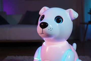Futuristic robotic dog with glowing lights sits in a dimly lit room, offering companionship.
