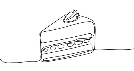 Drawing of a slice of cake with a strawberry in one line art style. Dessert illustration with editable stroke on a white background. Vector illustration.
