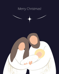 Christmas nativity scene of baby Jesus, Mary and Joseph. Hand drawn stylized bible illustration clipart isolated. Cartoon vector illustration in Scandinavian style
