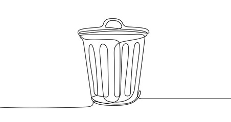 Drawing of a trash can or garbage basket in one line art style. Illustration with editable stroke on a white background. Vector illustration.