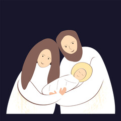 Christmas nativity scene of baby Jesus, Mary and Joseph. Hand drawn stylized bible illustration clipart isolated. Cartoon vector illustration in Scandinavian style