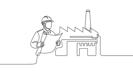 Drawing of an engineer in a hard hat with a blueprint in front of a factory in one line art style. Illustration with editable stroke. Vector illustration.