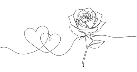 Drawing of a rose and two hearts connected by a single line. Love illustration with editable stroke. Vector illustration.