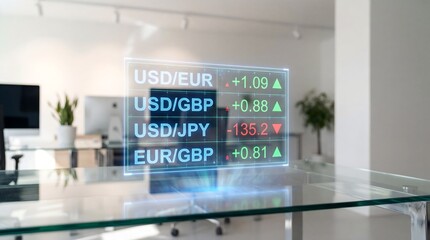 Futuristic augmented reality interface displaying real-time foreign exchange market data on a holographic screen in a modern business office