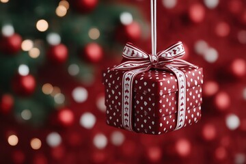 Red Christmas gift box with ribbon hanging on festive background, elegant holiday still life perfect for seasonal campaigns or e-commerce design.