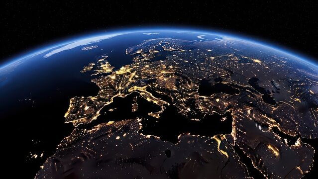 Earth at night showing european continent with glowing city lights from space, illustrating global connectivity and urbanization.
