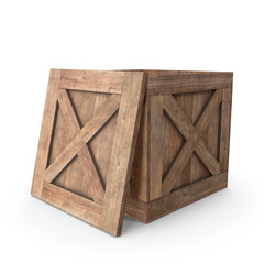 Old wooden shipping crate with open lid and rugged planks isolated