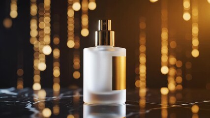 Minimal white skincare bottle with gold cap on black surface. Elegant cosmetic product display with golden bokeh lights. Beauty packaging concept for daily skincare routine. video footage  - Powered by Adobe