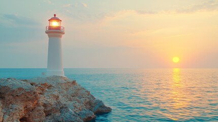 Glowing white lighthouse on cliff edge by calm sea at golden hour