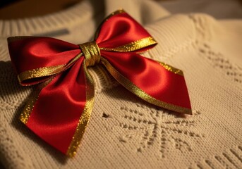 Red and gold bow on cream snowflake knit sweater in warm soft light, detailed textures and shallow depth, intimate cozy Christmas still life


