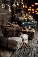 Rustic wooden table with burlap gifts and warm Christmas lights for a cozy holiday scene