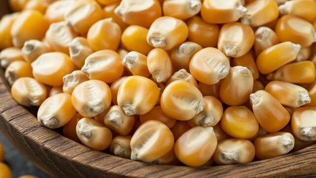 Closeup sequence of golden corn kernels in wooden bowl with subtle shift in perspective