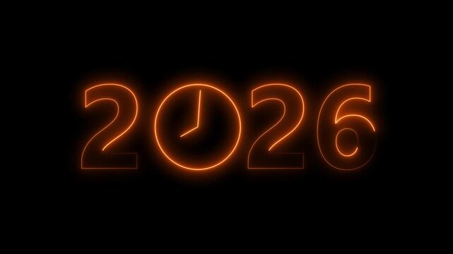 2026 digital text celebration and Calendar neon bright orange color animation. Clock icon timer concept on black background.